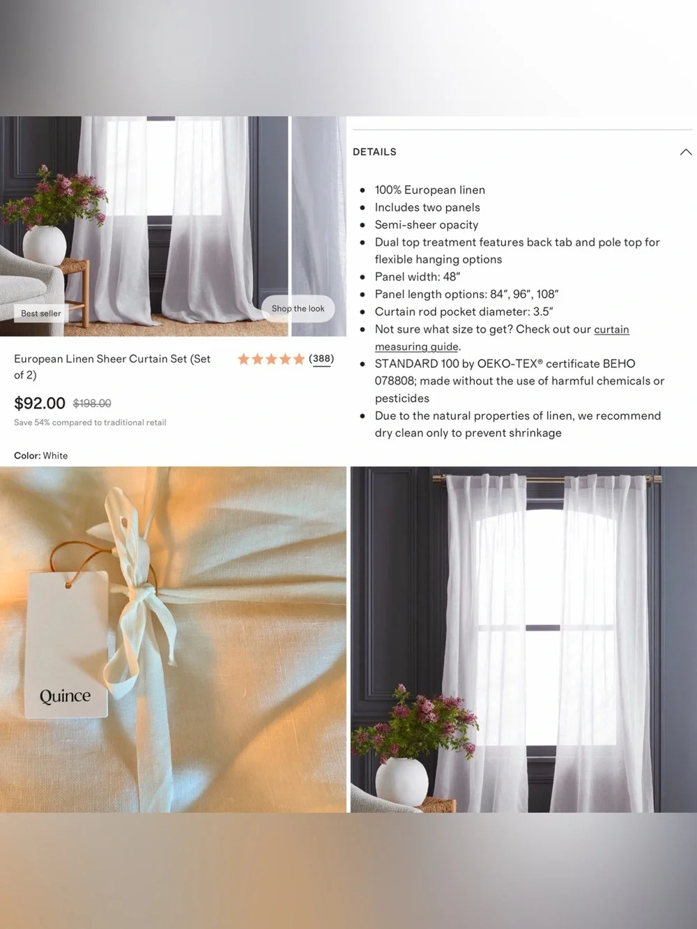 Quince White European Linen Semi-Sheer Curtain Panels 2 sets (4 panels)